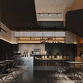 Modern Cafe Interior With Black Walls Wooden Decor Bar Counter And Dining Tables