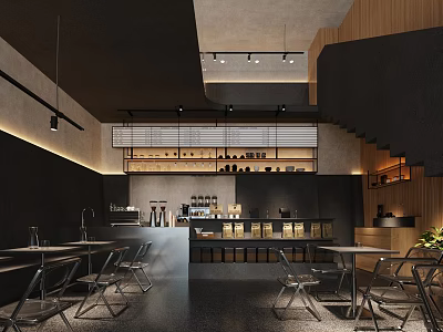 Modern Cafe Interior With Black Walls Wooden Decor Bar Counter And Dining Tables 3d model