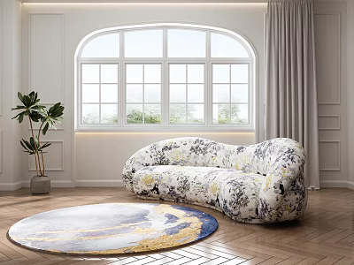 Curved Floral Multi Seater Sofa by Arched Window with Curtains Round Rug on Wooden Floor 3d model