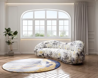 Curved Floral Multi Seater Sofa by Arched Window with Curtains Round Rug on Wooden Floor 3d model