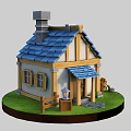 Cartoon Cottage Scene With Blue Roof Yellow Frame Chimney Wooden Fence And Green Grass