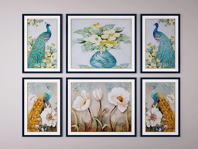 Elegant Peacock Animal Paintings With Flowers And Vase Framed Wall Art 3d model