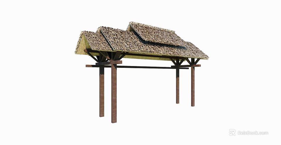 Rustic Outdoor Entrance Gate With Thatch Roof And Wooden Pillars 3d model 