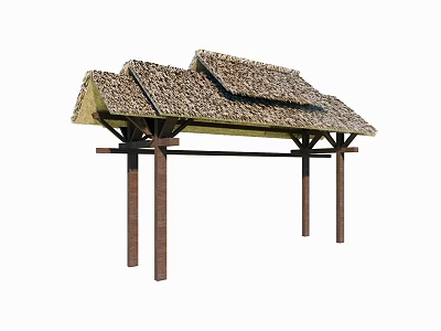 Rustic Outdoor Entrance Gate With Thatch Roof And Wooden Pillars 3d model