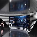 Hi tech Exhibition Hall With Large Digital Display Screen Woman Standing On Reflective Floor