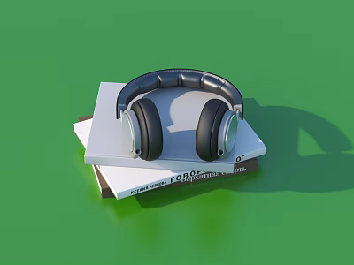 Stacked Books With Black Headphones And PARIS Text On Green Background 3d model