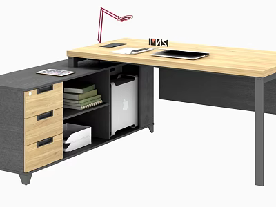 Modern Office Desk With Wooden Top Black Drawer Cabinet Desk Lamp Books And Laptop 3d model