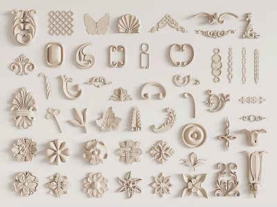 Various Carved Ornaments Including Butterfly Shell Flower And Geometric Patterns For Design Projects 3d model