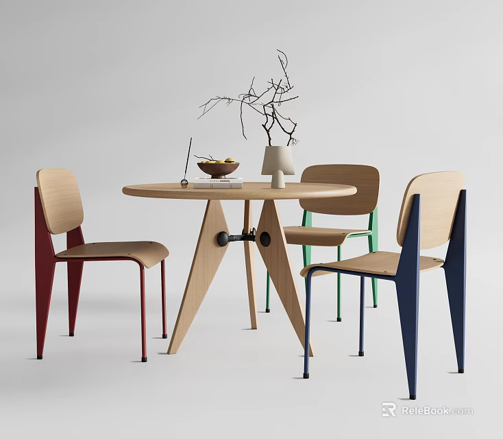 Modern Round Table And Colorful Chairs Set With Vase And Fruit Bowl 3d model 