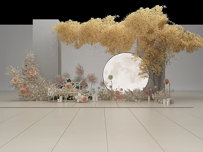 Elegant Event Decoration With Golden Branches Round Moon And Floral Arrangements 3d model