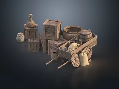 Vintage Wooden Crates Clay Jars Barrel Cart And Sacks Display Arrangement 3d model
