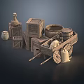 Vintage Wooden Crates Clay Jars Barrel Cart And Sacks Display Arrangement