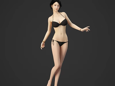 Woman in Black Bikini Posing Against Gray Background Full Body View 3d model