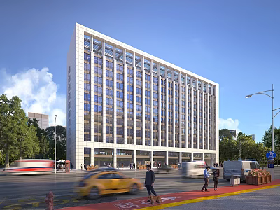 Modern High Rise Office Building With Glass Curtain Walls Street Scene Featuring Pedestrians Vehicles Trees 3d model