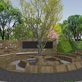 Park Landscape with Circular Wooden Structure Central Tree Green Plants Bushes and High Rise Background