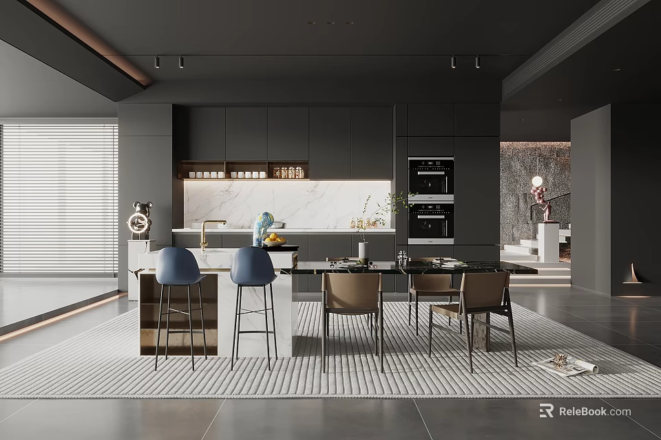 Modern Restaurant With Black Cabinets White Marble Island Blue Brown Chairs And Recessed Lighting 3d model 