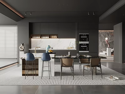 Modern Restaurant With Black Cabinets White Marble Island Blue Brown Chairs And Recessed Lighting 3d model