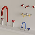 Red Yellow Blue Curved Faucets With Knob Handles On White Countertop And Wall