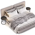 Double Bed with Beige Upholstered Headboard White Pillows Gray Blanket and Black Nightstand