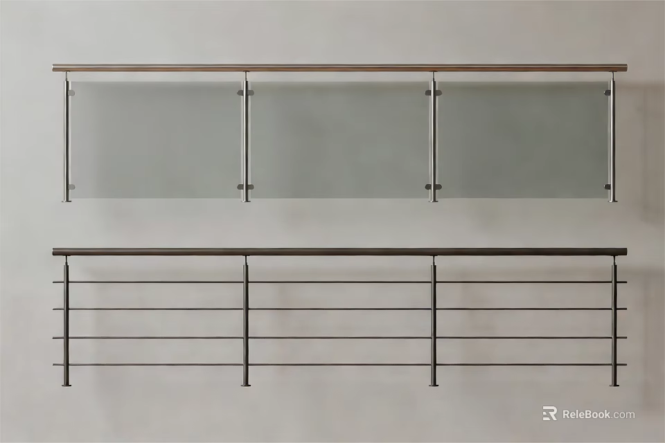 Modern Glass Railings With Metal Frames And Metal Railings With Horizontal Bars 3d model 