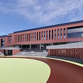 Modern Red Brick School Building Facade With Large Windows Open Green Space And Red Track