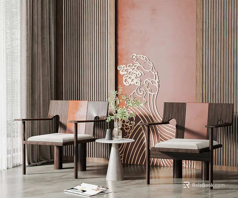 Modern Room Wooden Chairs Round Table Set Light Cushions Green Plants Copper Wave Pattern Wall 3d model 