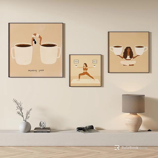 Abstract Paintings Featuring Coffee Cups And Figures For Interior Wall Decor 3d model