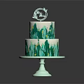 Two Tiered Cake With White Green Hand Painted Patterns Decorative Topper On Light Green Stand