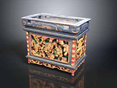 Traditional Wooden Carved Box With Intricate Floral Figure Patterns And Vibrant Color Accents 3d model