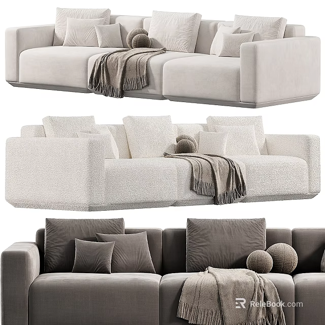 Modern Cream Sofa Interior With Soft Pillows And Cozy Throw Blanket 3d model