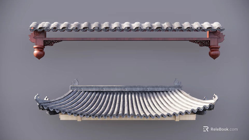Traditional Chinese Architectural Components With Curved Tiles Wooden Beam Carved Details And Eaves 3d model 