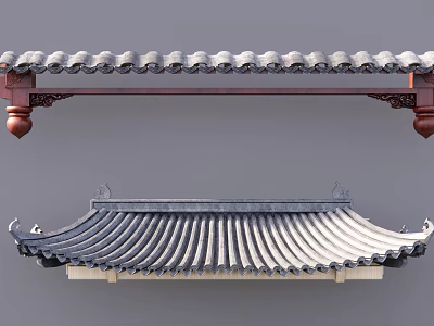 Traditional Chinese Architectural Components With Curved Tiles Wooden Beam Carved Details And Eaves 3d model