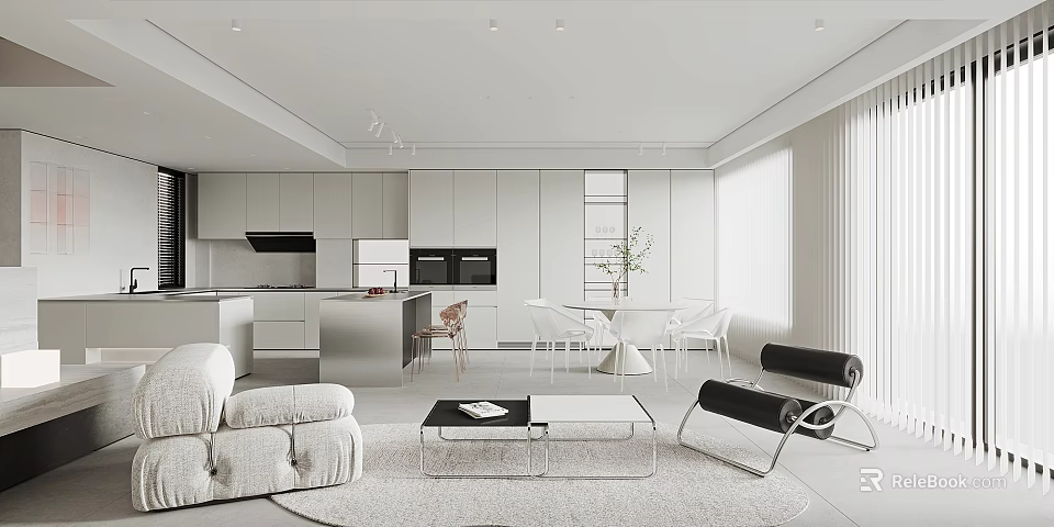 Modern Open Dining And Living Room Interior With White Sofa Dining Table And Cabinets 3d model