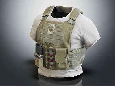 Khaki Tactical Vest With Multiple Utility Pockets And Attachments On White T Shirt 3d model