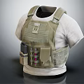 Khaki Tactical Vest With Multiple Utility Pockets And Attachments On White T Shirt