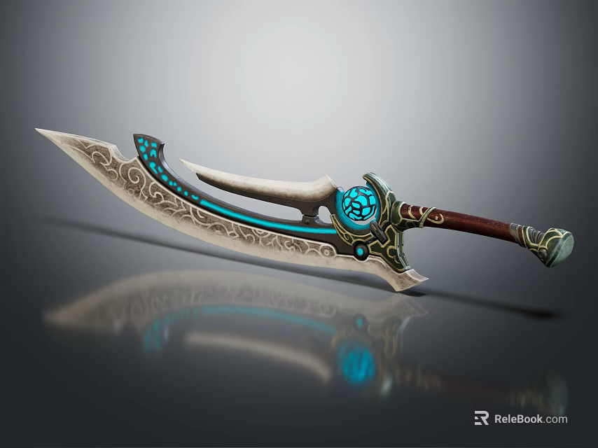 Ornate Decorative Weapon With Blue Accents Intricate Patterns And Wooden Handle 3d model 