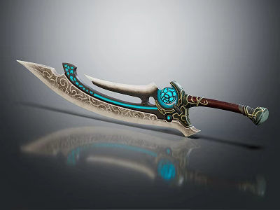 Ornate Decorative Weapon With Blue Accents Intricate Patterns And Wooden Handle 3d model