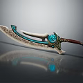Ornate Decorative Weapon With Blue Accents Intricate Patterns And Wooden Handle