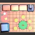 Cartoon Kitchen Scene Featuring Blue Refrigerator Red Cabinets Green Drawers Checkered Tablecloth And Small Stools