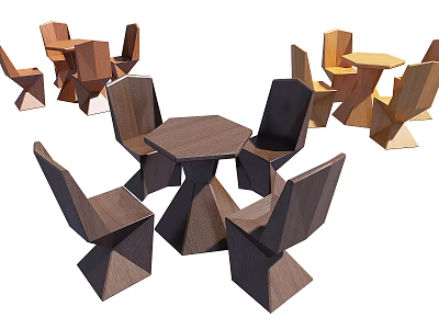Modern Geometric Wooden Table And Chair Set With Unique Angular Design Structure 3d model