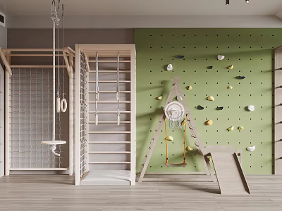 Kids Indoor Sports Equipment With Wooden Climbing Frames Swings And Green Climbing Wall 3d model