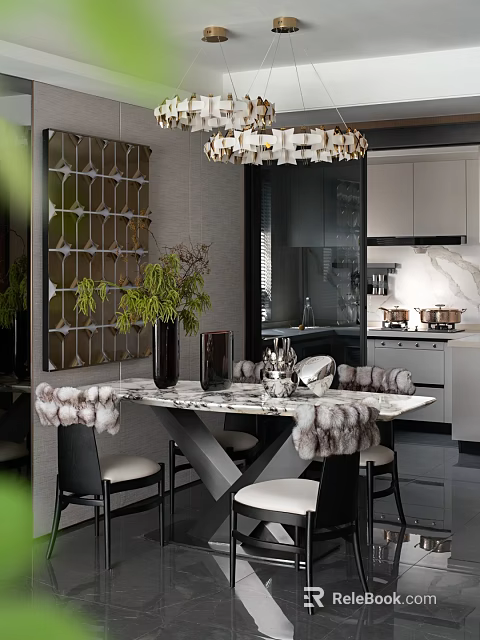 Elegant Modern Restaurant Interior With Marble Dining Table Fur Covered Chairs And Geometric Wall Decor 3d model 