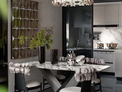 Elegant Modern Restaurant Interior With Marble Dining Table Fur Covered Chairs And Geometric Wall Decor 3d model