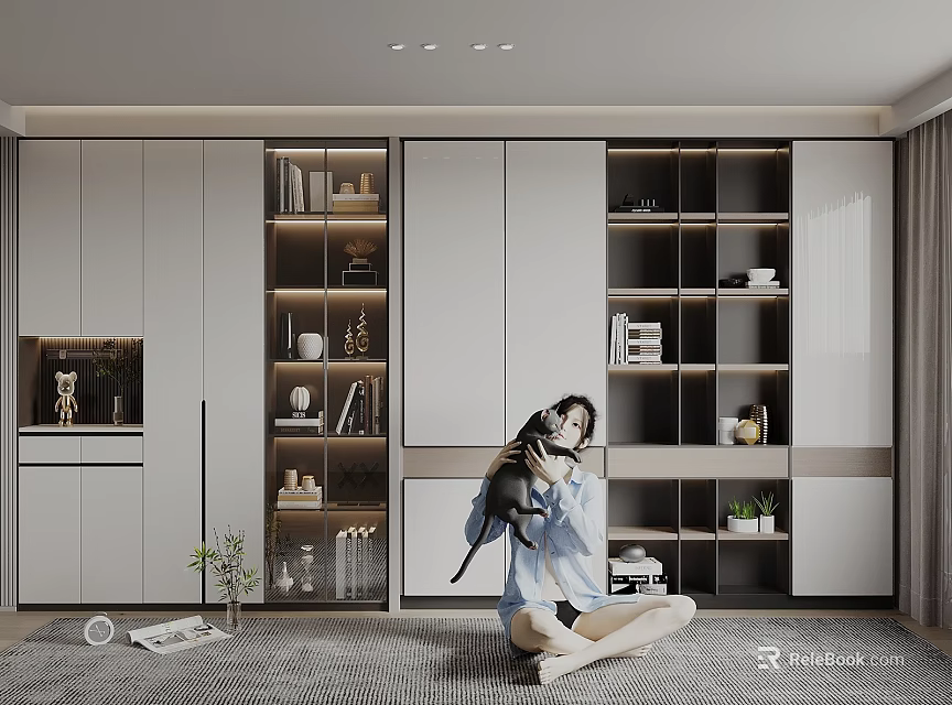 Modern Bookshelf Interior Design With Person Holding Cat On Carpet And Books Decorative Items 3d model 