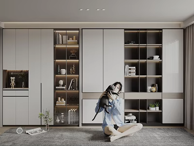 Modern Bookshelf Interior Design With Person Holding Cat On Carpet And Books Decorative Items 3d model