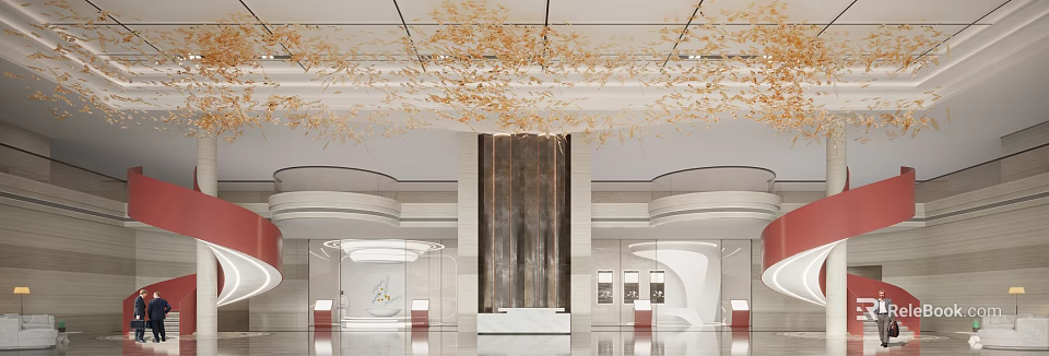 Modern Front Desk Reception Area With Gold Decor Marble Front Desk And Glass Partitions 3d model 