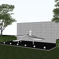Outdoor Metal Sculpture With Water Basin Fountains On Green Lawn By Gray Wall And Trees