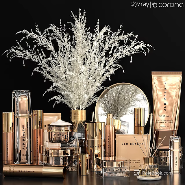 Elegant Daily Cleansing Products Display With Golden Packaging Skincare Items Mirror And Vase 3d model 