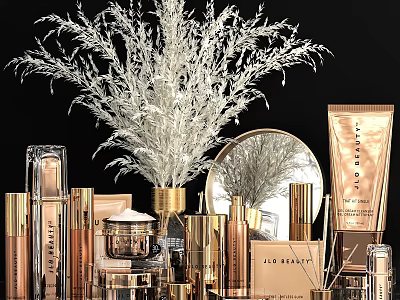 Elegant Daily Cleansing Products Display With Golden Packaging Skincare Items Mirror And Vase 3d model