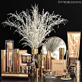 Elegant Daily Cleansing Products Display With Golden Packaging Skincare Items Mirror And Vase